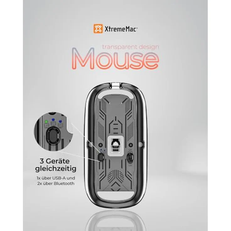 XtremeMac Kabellose Maus, Bluetooth & USB, wiederaufladbar, ergonomisches Design, 4 einstellbare DPI, Grau – Bild 5