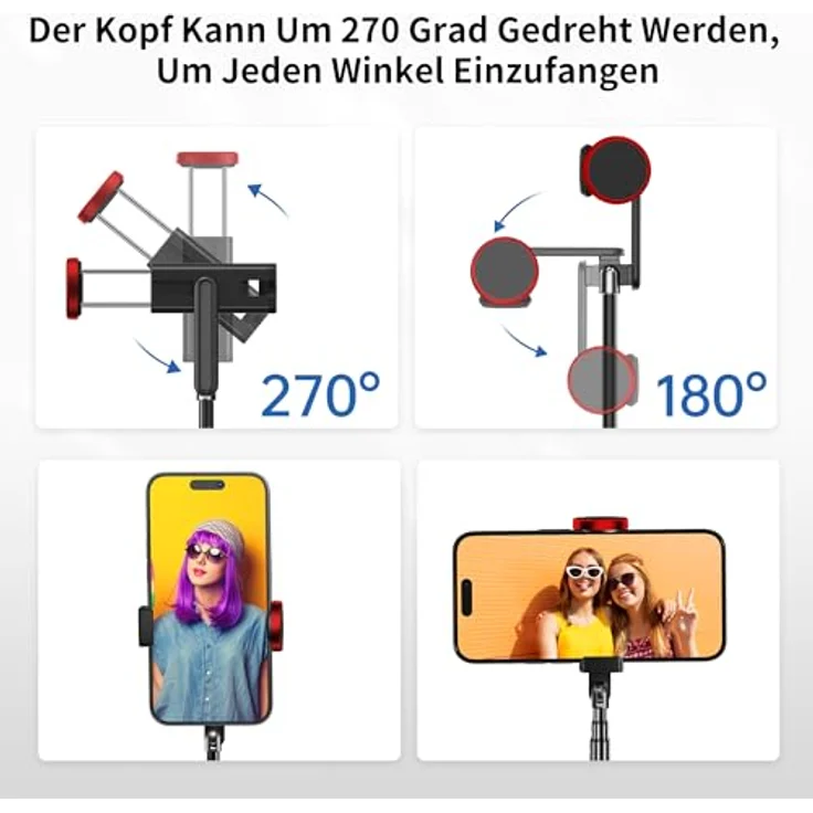 ATUMTEK Selfie Stick Stativ, 3-in-1 Aluminium Handy Stativ mit Bluetooth-Fernbedienung, kompatibel mit iPhone 17/16/15/14/13/12 mini/11 Pro und Samsung Smartphones, Rot – Bild 2