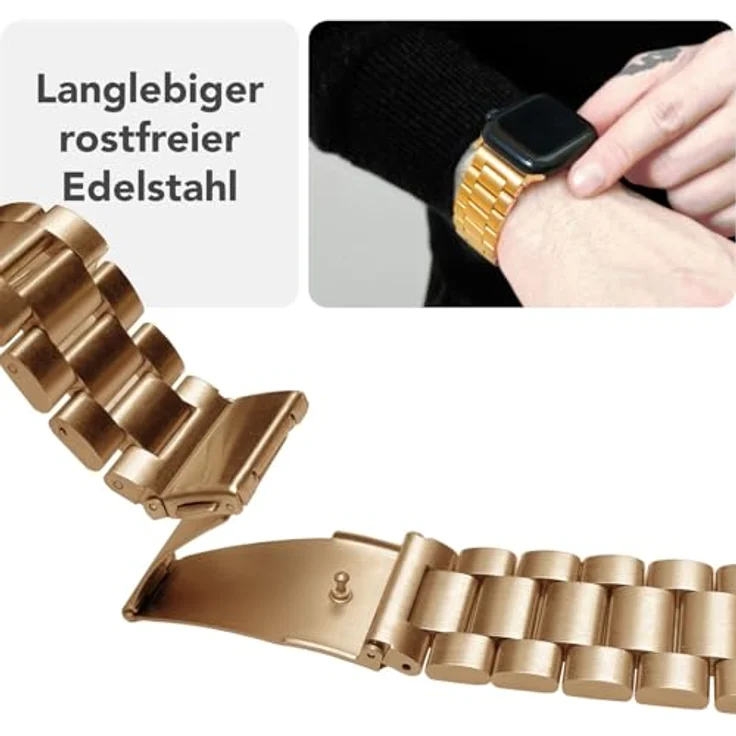 NALIA Mova Edelstahl Armband für Apple Watch Series Ultra/SE 10/9/8/7/6/5/4/3/2/1, 42/44/45/46/49mm, rostfrei, Doppelfaltschließe, Farbe: Königs Gold – Bild 5