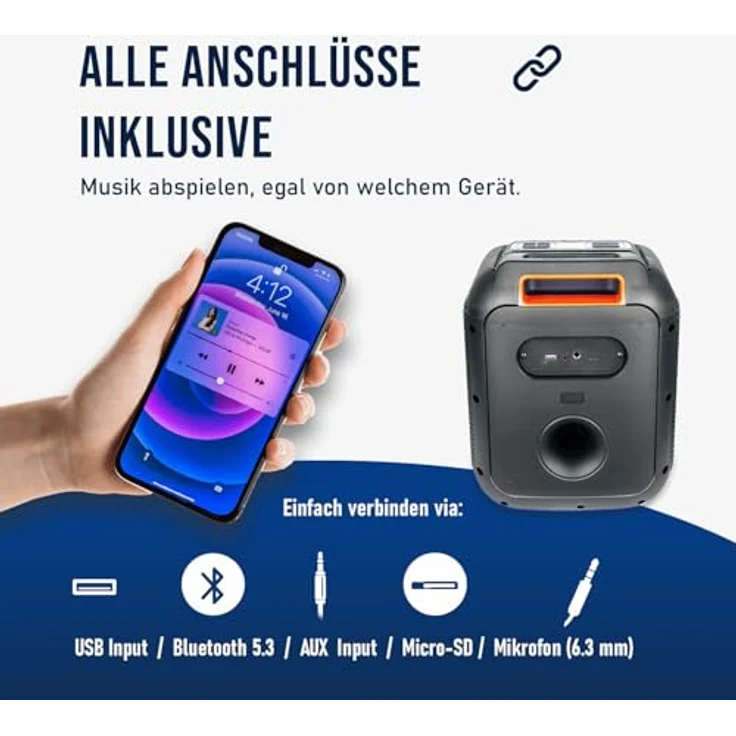 Fontastic Lizz Party-Lautsprecher Boxen Bluetooth, 60 W Soundbox, Karaoke Maschine mit Mikrofon, USB LED Leuchteffekten, Schwarz – Bild 4