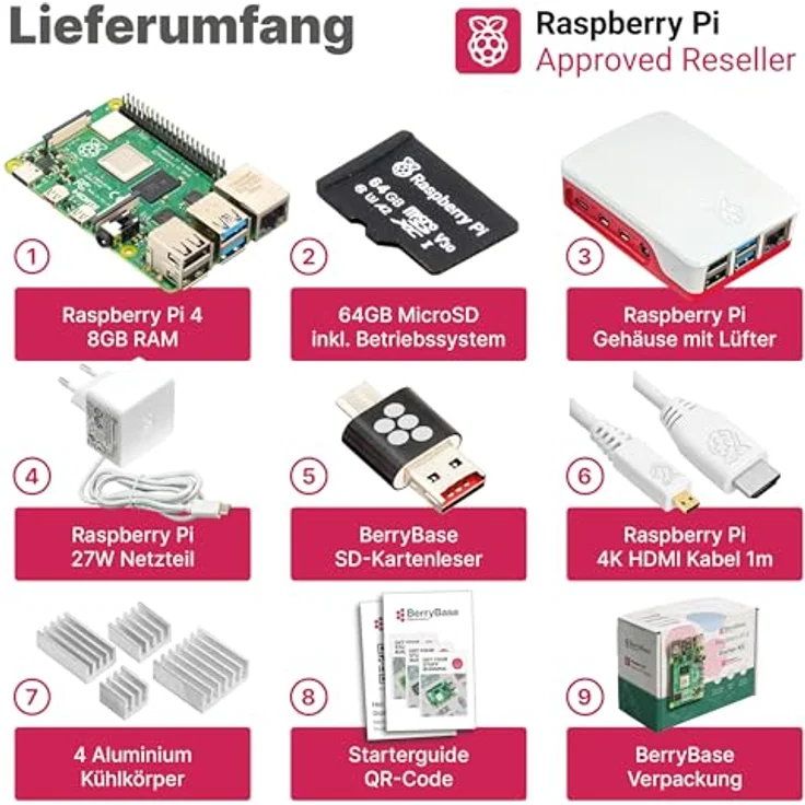 BerryBase Raspberry Pi 4 Starterkit, 64GB microSDHC mit Pi OS, Gehäuse, Netzteil und HDMI-Kabel - RAM: 8GB - Farbe: weiß – Bild 2
