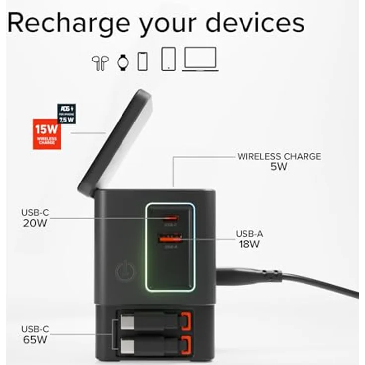 SBS Power Dock 6in1, 100 W USB-C Charging Station mit kabellosem Laden 15 W, kompatibel mit MagSafe, zwei einziehbaren Kabeln, Schwarz – Bild 3