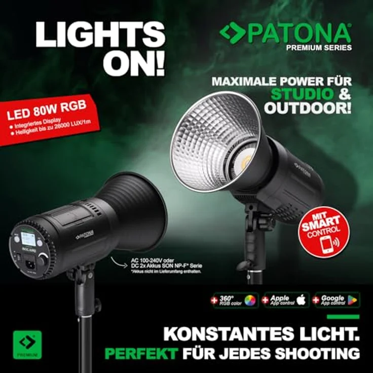 PATONA Premium LED Fotolicht-Videolicht, 80W RGB COB-LED mit Spezialeffekten, Farbtemperatur 2700K - 6500K, 16 Mio. Farben, App Steuerung, LCD-Display, Profi-Dauerlicht für Studio & Outdoor – Bild 2