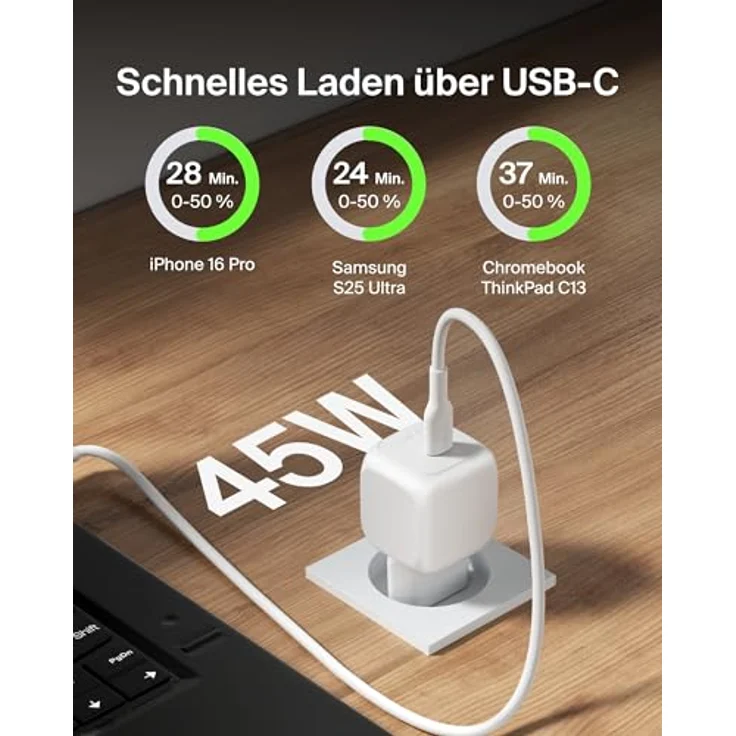 Belkin kompaktes USB Ladegerät 45 W mit USB-C-Kabel, Schnellladen für iPhone 16/15/14, Samsung Galaxy S25/S24, Pixel 9, iPad, robust – Weiß – Bild 2