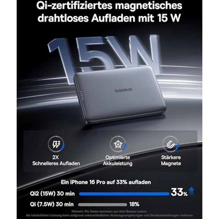 Baseus Picogo AM41 Power Bank, Ultra Slim 10000mAh Qi2 MagSafe, 15W Wireless, 27W PD Schnellladung, Mini Magnetische Externe Batterie, USB-C Kabel für iPhone 16/15/14/13/12, Space Grau – Bild 3