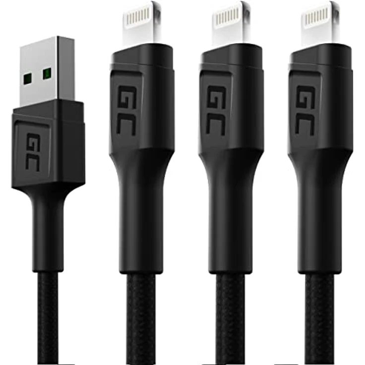 Green Cell GC Ray SET 3x USB-A - Lightning Typ-C Ladekabel 2m mit LED-Beleuchtung, Schwarz, Schnellladekabel für iPhone 14, 13, 12, 11, SE, Pro Max, X, XR, XS Max, 8, 7 Plus, 6, 6S, 5, 5C, 5S Plus – Bild 1