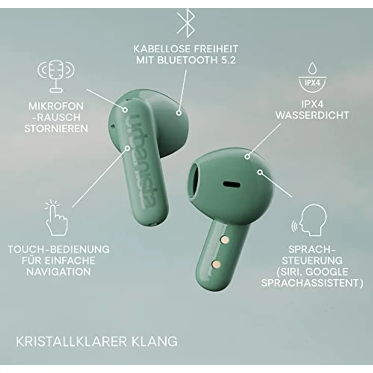 Urbanista Copenhagen True Wireless In Ear Kopfhörer Bluetooth 5.2, Touch-Bedienung Earbuds & Noise Cancelling Mikrofon, 32 Std. Spielzeit, USB C Ladecase, IPX4 Wasserabweisend, Salbeigrün – Bild 3