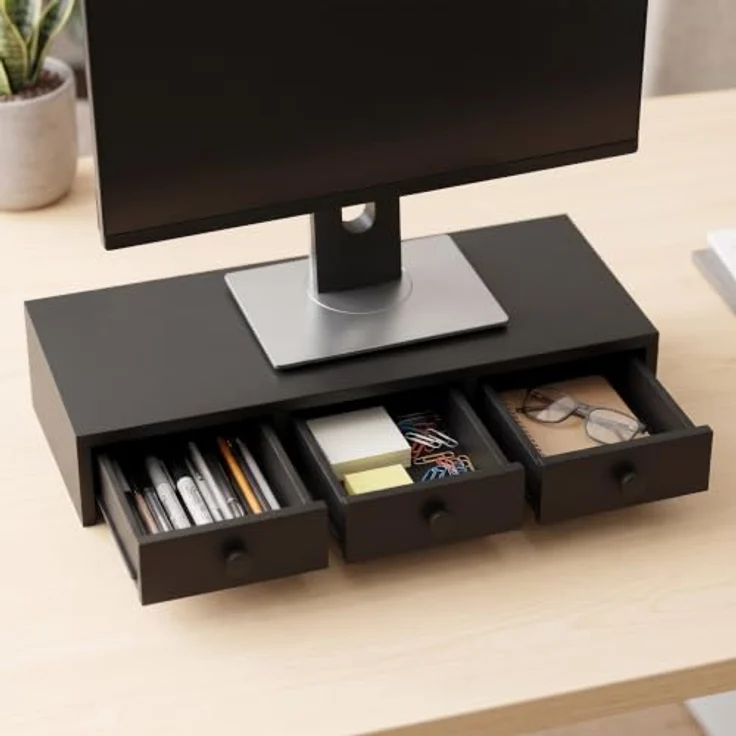 relaxdays Monitorständer mit 3 Schubladen, ergonomische Bildschirmerhöhung für Büro und Home Office, schwarz – Bild 6