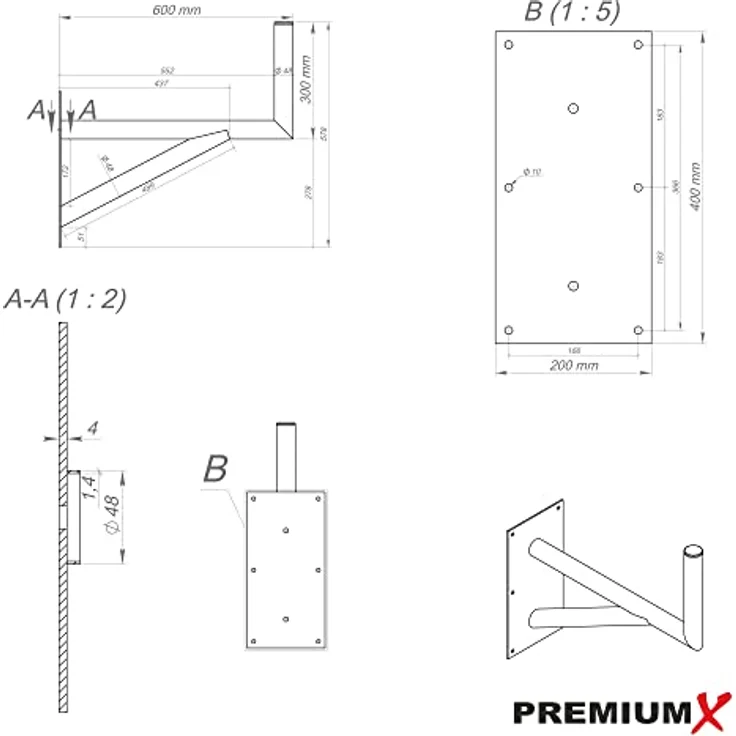 X 60cm Wandhalter Stahl verzinkt SAT-Halterung mit Stützelement Auslegerlänge 600mm Auslegerhöhe 300mm Grundplatte 400x200mm Wandhalterung Wandabstand 60 cm Wand Montage – Bild 4