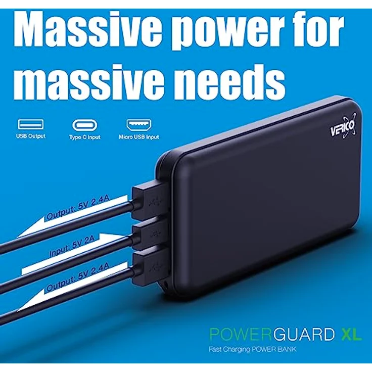 Verico Power Bank Power Guard XL, 10.000 mAh, externer Akku, externes Ladegerät, Output 2 x USB-A, Input 1 x Micro-USB, 1 x USB-C, Lithium Polymer, schwarz – Bild 5