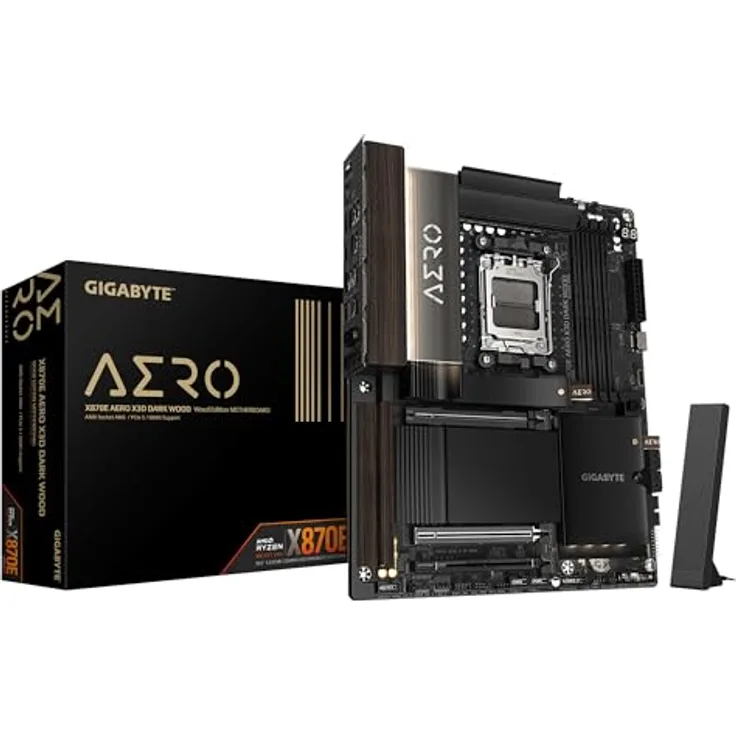 GIGABYTE X870E AERO X3D DARK WOOD Mainboard – ATX, unterstützt AMD Ryzen 9000 CPUs, digitales 16+2+2-Phasen-VRM, bis zu 9000 Hz DDR5 (OC), 2× PCIe 5.0, Wi-Fi 7, 5-GbE-LAN, USB 4
