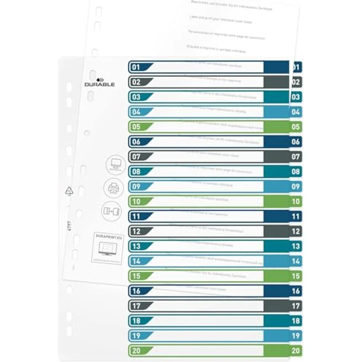 DURABLE Aktenordner mit Ordnerregister, PP Werkstoff, 270 my Stärke, Universallochung, inkl. Deckblatt, farbig sortiert, A4+ hoch, 20 Stück – Bild 6