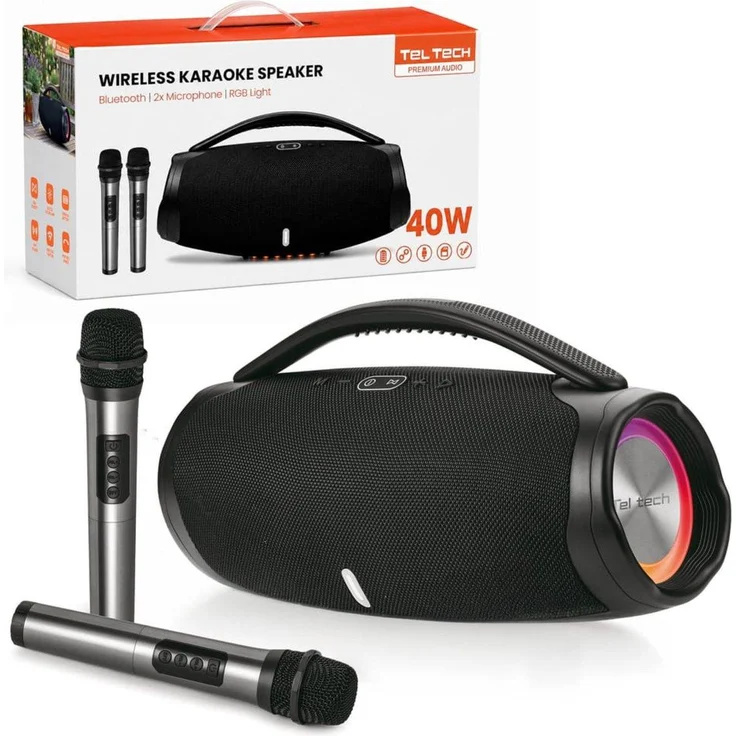 Wisam Teltech Bluetooth-Lautsprecher Boombox TSK-05, 2x20W Leistung mit 2 Mikrofonen, schwarz