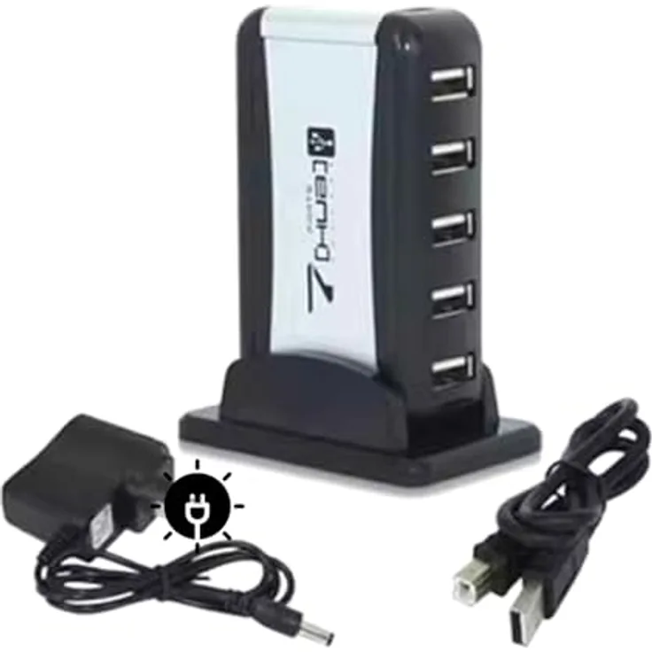 Aukson O19C 7-Port USB 2.0 Hub Adapter mit Netzteil und Standfuß – Hochgeschwindigkeits USB 2.0-Hub (480 MBit/s) für PC und Mac, Plug&Play - Leistungsstarke 5V/3,5A Stromversorgung