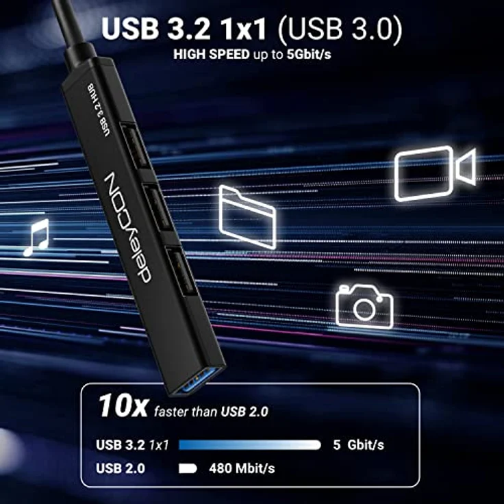 deleyCON USB A HUB MK5414, 4-Port Mini USB Splitter mit Aluminium Gehäuse, bis zu 5 Gbps, für PC, Laptop, Notebook, Schwarz – Bild 4