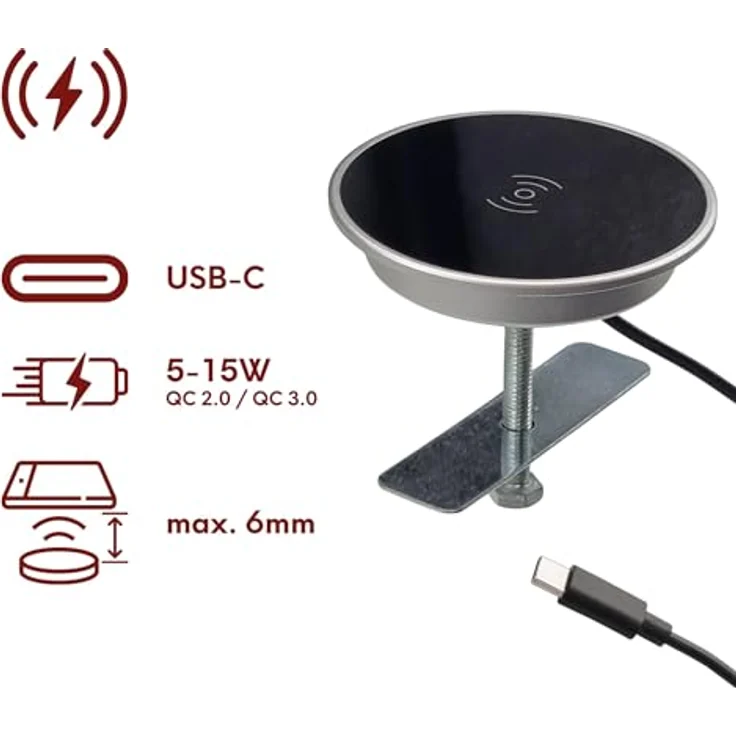 kalb 15W Induktives Einbau Wireless Charger mit USB-C, Ø 60mm, Schwarz/Silber, Schnellladestation für Smartphones und Geräte bis 8mm Schutzhülle – Bild 5