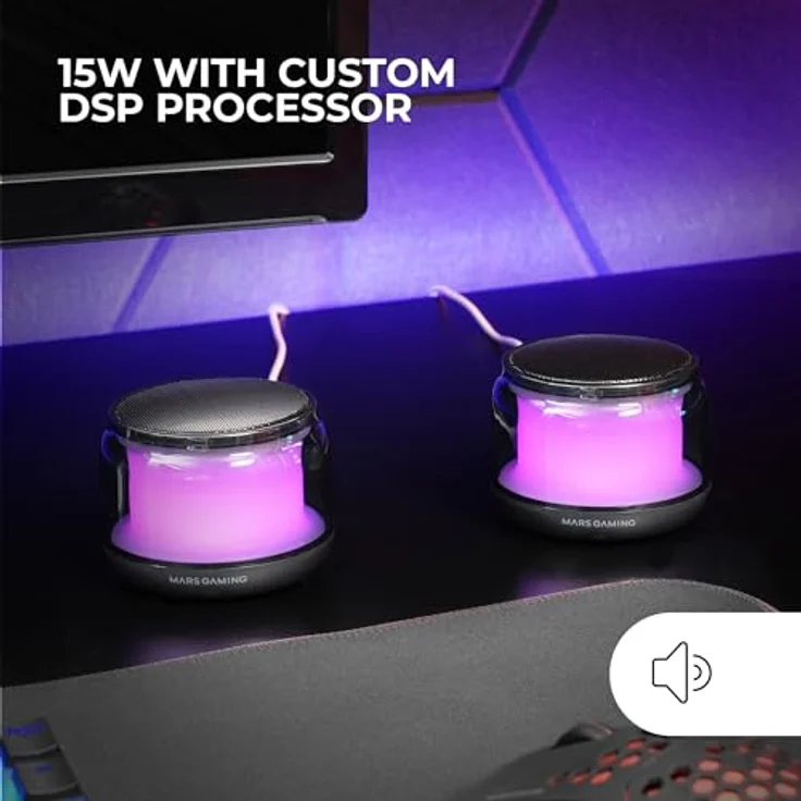 MARSGAMING MS-Aura Bluetooth-Lautsprecher 5.3 Schwarz, DSP-Chipsatz 15W, RGB-Beleuchtung, Clearview 360º Design, Kompakte Lautsprecher mit Lautstärke- und RGB-Kontrollbox, AUX-IN Eingang – Bild 2
