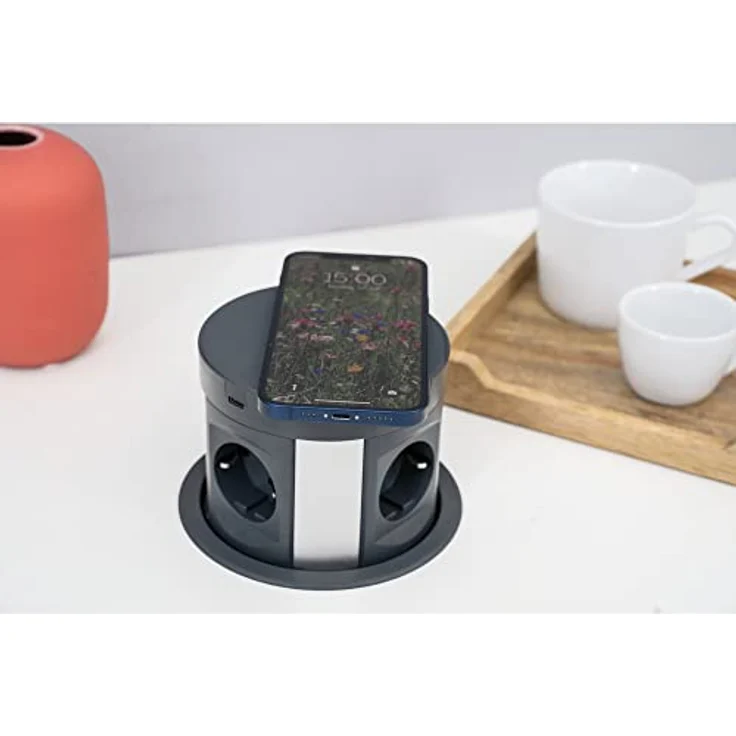 BLAUPUNKT Tischsteckdose Pushup 4 A + 2-Fach USB C mit induktivem Laden, anthrazit, 2 Meter – Bild 3