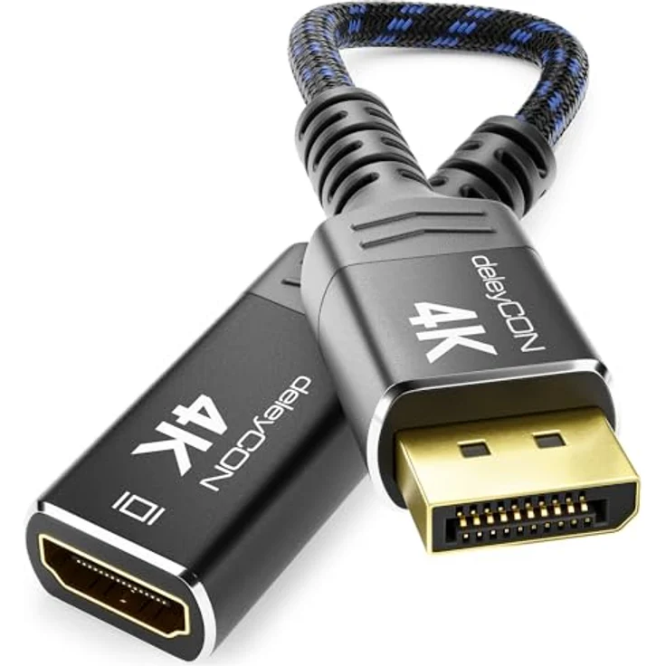 deleyCON 4K DisplayPort auf HDMI Adapter - Aluminium-Stecker Nylonkabel Plug & Play Konverter Schwarz – Bild 1