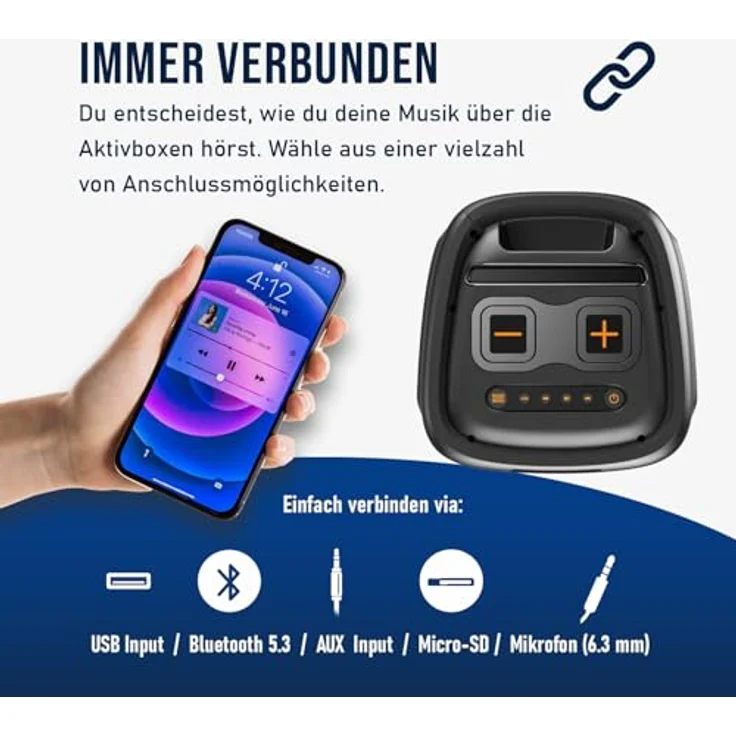 Fontastic Party-Lautsprecher Zeal - Bluetooth Lautsprecher mit USB-Wiedergabe, AUX und MicroSD - Karaoke Box mit Mikrofon und LED Leuchteffekten - tragbare Soundsystem - Schwarz – Bild 4