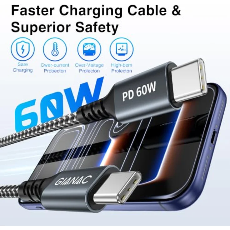 GIANAC 60W USB C Kabel 2M, Schnellladekabel USB-C PD 3.0 für iPhone 15/16 Pro Max, Samsung Galaxy S24/S23/S22, Pixel 7, iPad Pro, MacBook Air, hohe Haltbarkeit und perfekte Kompatibilität – Bild 4