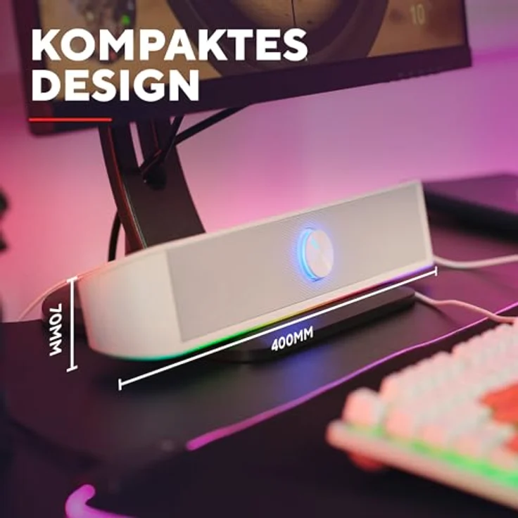 GXTrust Rhox PC Soundbar mit RGB Beleuchtung, 12W Leistung (6W RMS), Weiß, kompakter Stereoklang, Plug & Play – Bild 3