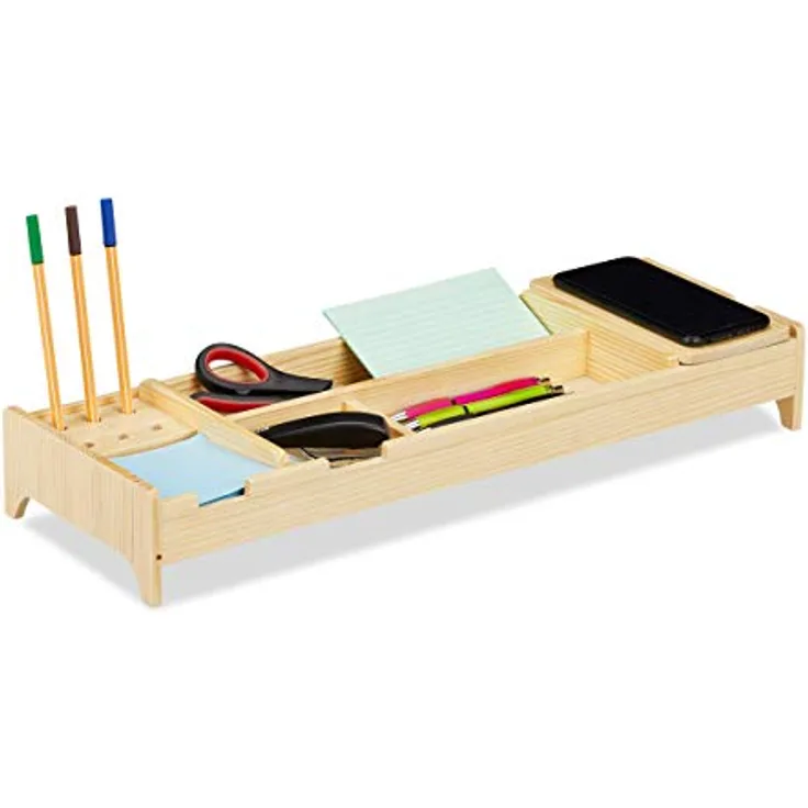 Relaxdays Induktions Ladegerät, Schreibtischorganizer mit Wireless Charger, kabelloses Aufladen, 5 Ablagen, Holz, Natur, H x B x T: ca. 7,5 x 52,5 x 18 cm