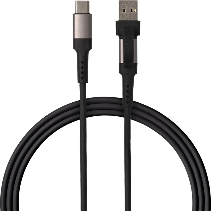 QUALO 2-in-1 Silikon-Kabel USB-C/USB-A, 1,2 m, 3A, 60W, Schwarz – QKN-2w1-CCA-01