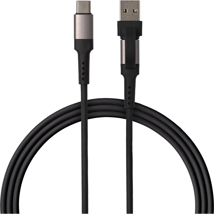 QUALO 2-in-1 Silikon-Kabel USB-C/USB-A, 1,2 m, 3A, 60W, Schwarz – QKN-2w1-CCA-01