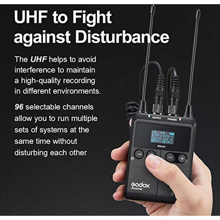 GODOX WMicS1 kit1 Drahtloses Omni Lavalier-Mikrofonsystem für die Kamerahalterung, UHF 96-Kanäle, Echtzeit-Audiomonitor, Arbeitsbereich bis zu 100 m, HD-OLED-Display, spiegellose/DSLR-Kameras – Bild 3