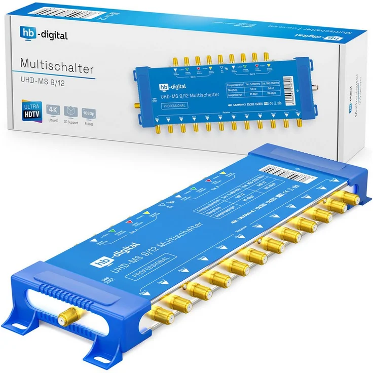 HB-DIGITAL SAT-Multischalter UHD-MS 9/12, für bis zu 12 Teilnehmer, 4K UHD, vergoldete F-Anschlüsse, geeignet für 2 x Quattro LNBs