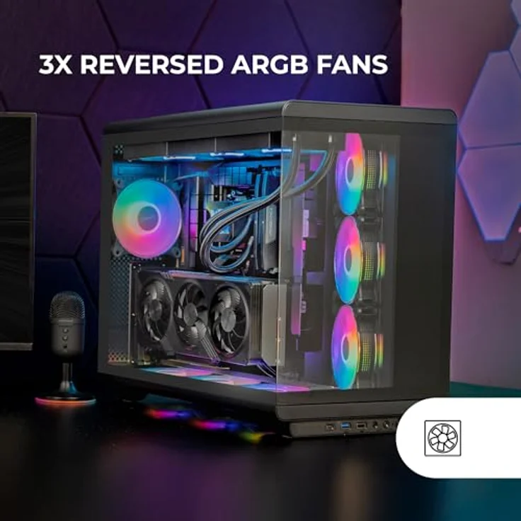 Mars Gaming MC-REV, ATX Gaming-Gehäuse mit doppelt gehärtetem Glas, 3x 12cm ARGB-Lüfter, vertikaler GPU-Einbau, Unterstützung für 360mm Flüssigkeitskühlung, Schwarz – Bild 3