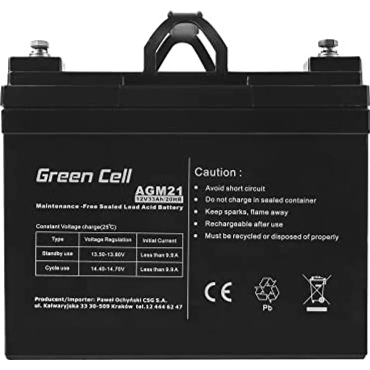 Green Cell® AGM 12V 33Ah Blei-Batterie, wartungsfreier VRLA Akku für Boots- und Garteneinsatz, schwarz – Bild 3