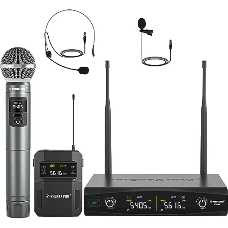 Phenyx Pro PTU-52-1H1B, Dual UHF Funkmikrofon-Set mit 30 Frequenzen, Handmikrofon und Bodypack, robuste Bauweise