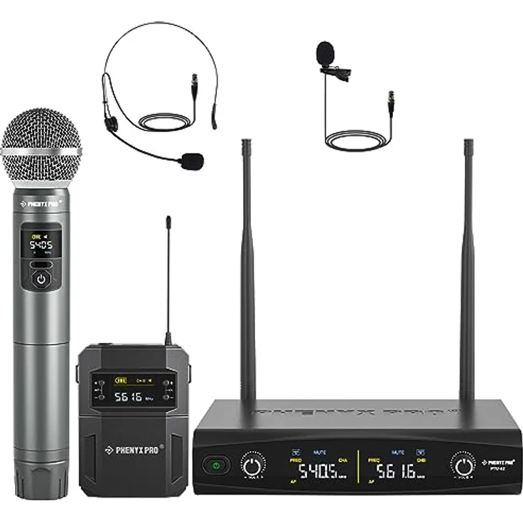 Phenyx Pro PTU-52-1H1B, Dual UHF Funkmikrofon-Set mit 30 Frequenzen, Handmikrofon und Bodypack, robuste Bauweise – Bild 1