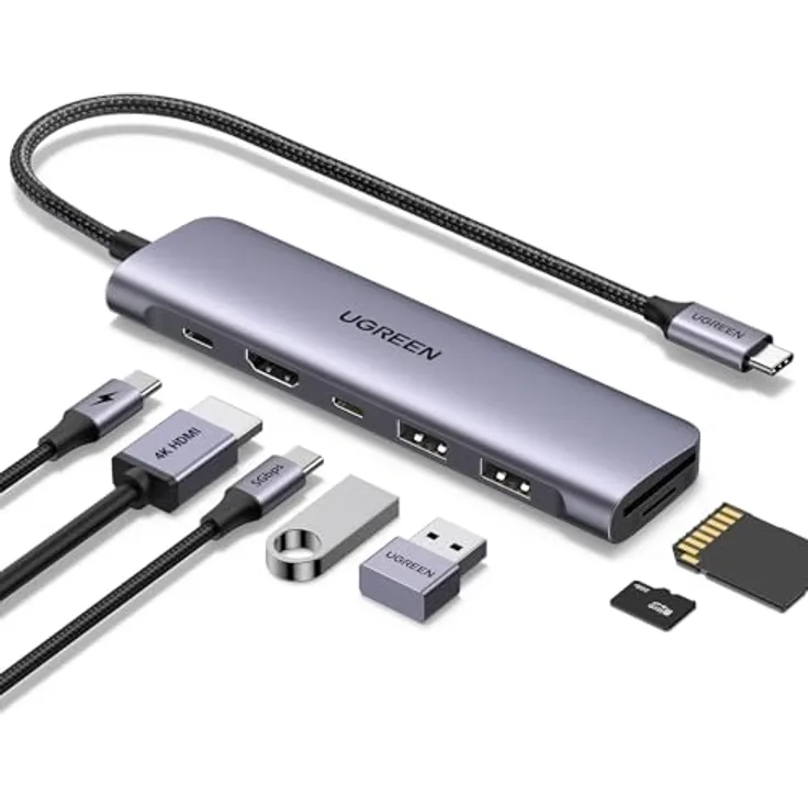 UGREEN USB-C Hub 7-in-1 mit 4K HDMI, 5 Gbit/s, 2x USB-A 3.0, 1x USB-C 3.0, MicroSD und SD Slots, Power Delivery 100W