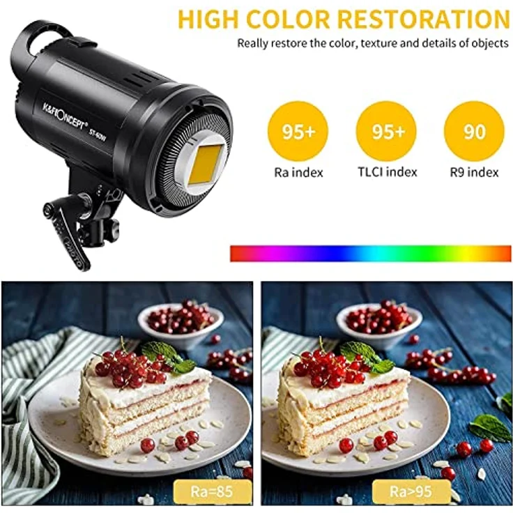 K&F Concept LED Studioblitz SL-60W CRI95+ LED 5600K LED Video Licht mit Auslöser, Fernbedienung, Einstellbarer Bowens Halterung,Beleuchtungseffekte,Licht für für Video Foto Porträtaufnahmen – Bild 2