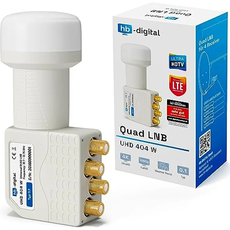 HB-DIGITAL Quad LNB UHD 4 Teilnehmer, Digital Satelliten LNC Kopf mit vergoldeten Kontakten und Wetterschutz, Weiß, 4K Full HD 3D TV
