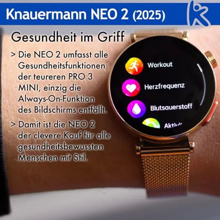 Knauermann NEO 2 (2025) - Gold Smartwatch - EKG, HRV, Blutdruck, Schlafüberwachung, Edelstahlarmband, BT Bluetooth – Bild 4