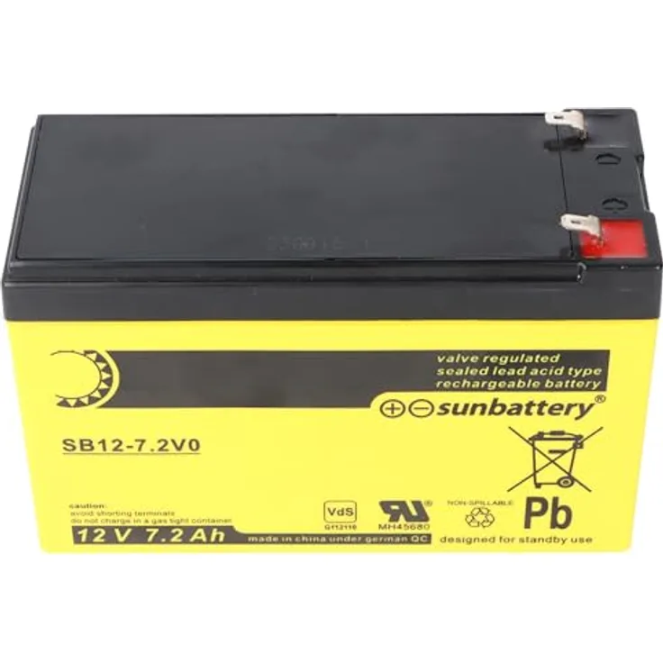 Sun Battery SB12-7.2V0, AGM Bleiakku 12V 7,2Ah, kompakt, 4,8mm Faston Kontakte, zur Nutzung in USV-Anlagen und Notbeleuchtung