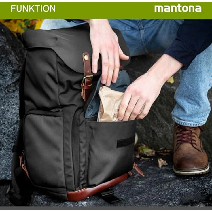 Mantona Luis Retro Fotorucksack (mit Echtleder-Applikationen, inkl. Regenschutzhülle, flexible Einteilung und Laptopfach, geeignet für 1x DSLR-Kamera, 3x Objektive und diverses Fotozubehör) schwarz – Bild 7
