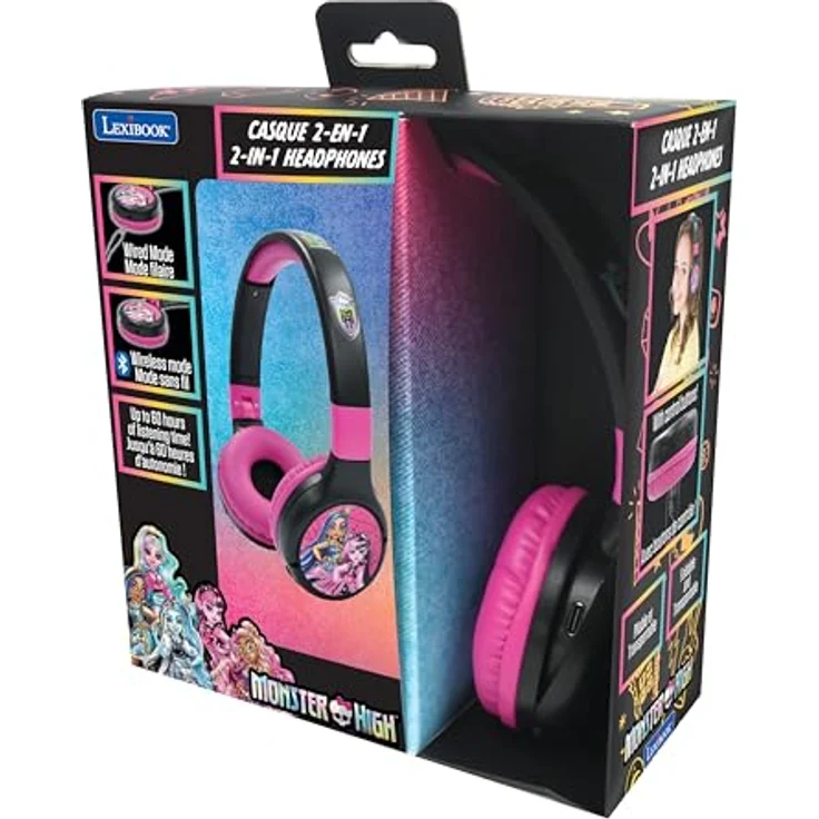 Lexibook Monster High HPBT010MH, 2-in-1 Bluetooth & kabelgebundene Kopfhörer mit Mikrofon, faltbar und verstellbar, rosa/schwarz, kinderfreundlicher Klang bis 85 dB – Bild 5
