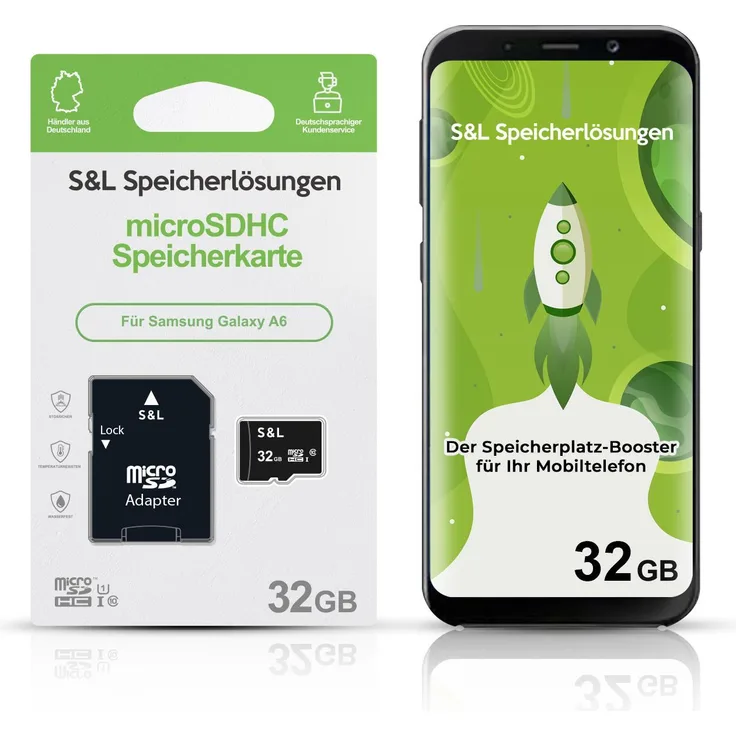 S&L microSD Speicherkarte 32GB Class 10 U1 für Samsung Galaxy A6 - stoßsicher, wasserdicht, hohe Lesegeschwindigkeit