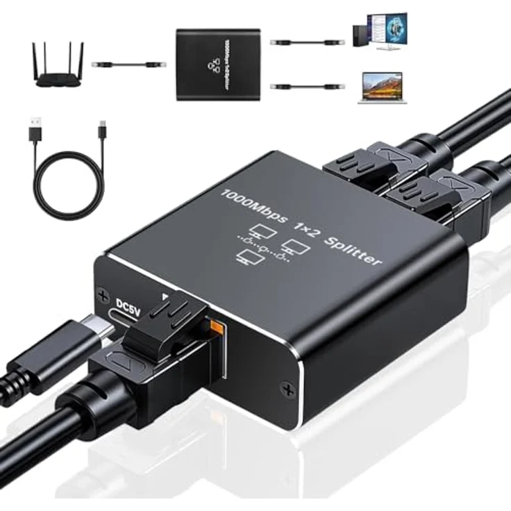 Bundviel LAN Splitter 1 auf 2 Gigabit Ethernet Switch, 2-Port Verteiler für Computer und Laptop, 1000Mbps, RJ45, Type-C – Bild 1