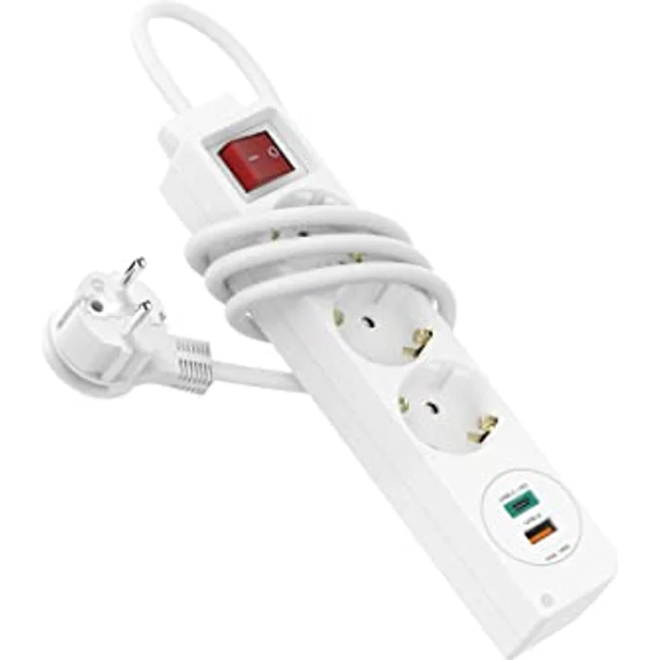 Hama Steckdosenleiste, 3-fach, mit USB-A und USB-C-Buchse (PD/Quick Charge, max. 18W, 5in1 Mehrfachsteckdose mit Schalter, Schutzkontaktstecker, Buchsen inkl. Berührungsschutz, 1,4m) weiß – Bild 2