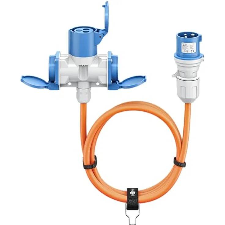 goobay CEE-Adapterkabel 10 m, CEE-Stecker auf 1 x CEE-Buchse und 2 x Schutzkontakt-Steckdose, IP 44, orange für Camping, Wohnmobil und Baustelle, 76266