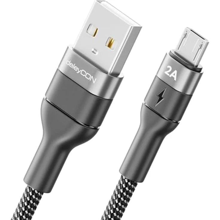 deleyCON 2m Micro USB Kabel, USB-A auf Micro-USB Ladekabel für Smartphones und Tablets, 5V/2A Schnellladefunktion, geflochtene Nylon-Ummantelung – Bild 1
