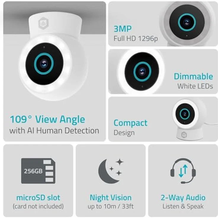 Nedis SmartLife Aussenkamera, Wi-Fi Spotlight 3MP Full HD 1296p, IP65, Cloud Storage, Vollfarb-Nachtsicht, kompatibel mit Alexa und Google Home – Bild 6