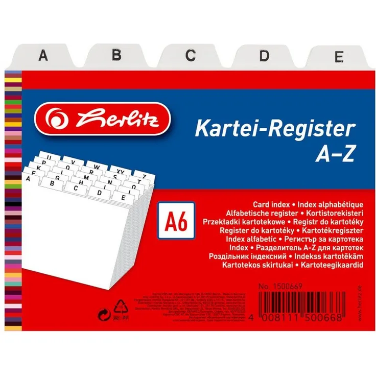 Herlitz Aktenordner Herlitz Karteikarten Register A-Z / Karteiregister / PP / DIN A6 / weiß