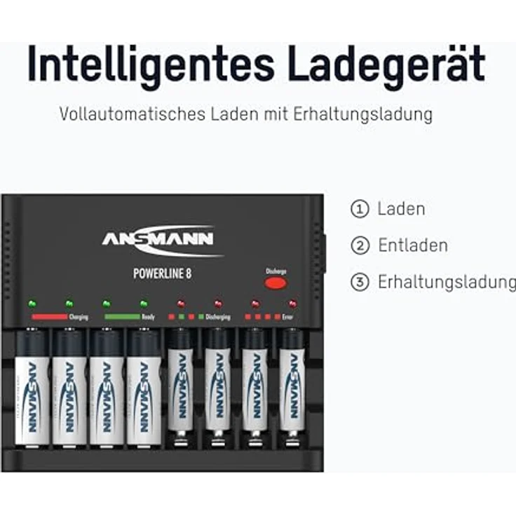 ANSMANN Akku-Ladegerät zum Laden & Entladen von 8x AA-AAA NiMH Akkus - 8-fach Batterieladegerät mit Einzelschachtüberwachung, automatische Abschaltung, Erhaltungsladung & USB Lader - Powerline 8 – Bild 2